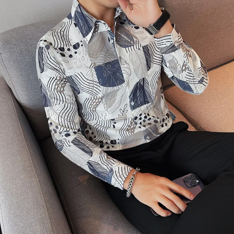 

Autumn New Fashion Print slim fit Long Sleeve Shirts For Men Clothing 2023 All Match Comfortable Casual Floral Blouse Homme