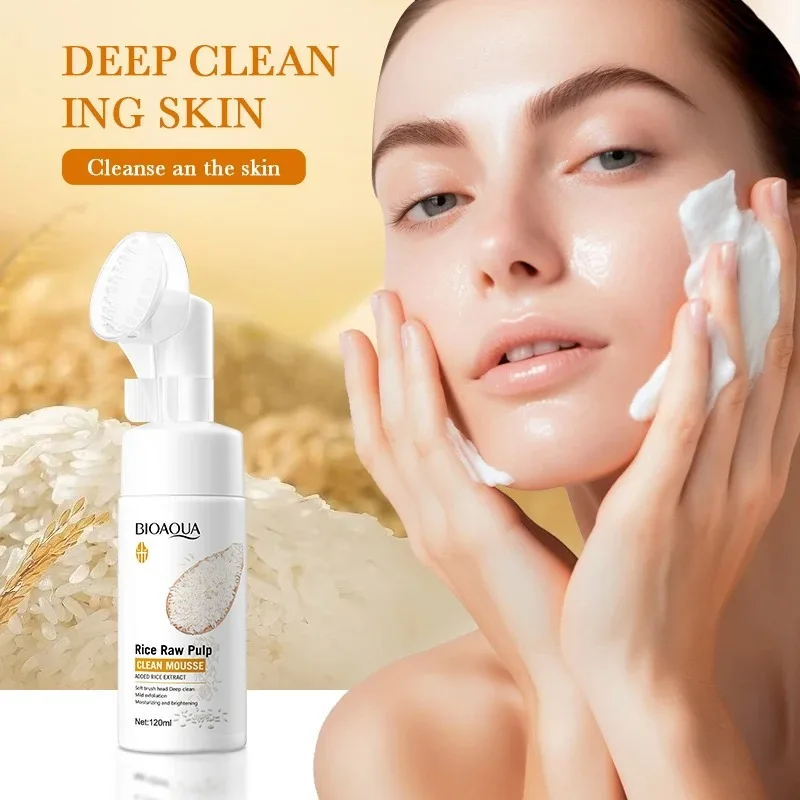 120ml Bioaoua Rice Puree Foaming Cleanser Cleansing Mousse Soothing Cleanser Cleansing Foam with Brush Head