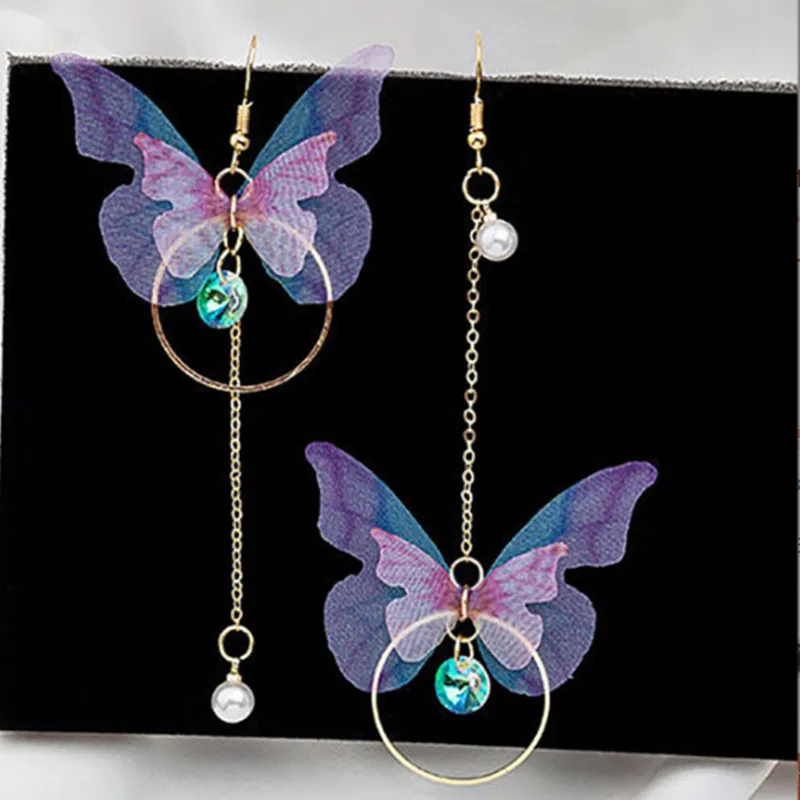 Butterfly Earrings Long Earrings Pendant Earrings Korean fashion retro asymmetrical butterfly earrings imitation pearl alloy wings pendant long earrings women