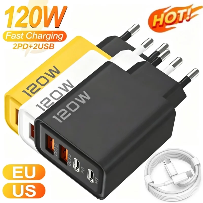 Cargador rápido de 120W con cable USB tipo C, adaptador de corriente para teléfono con carga rápida para iPhone, Xiaomi, Samsung, cargador de pared de carga rápida.