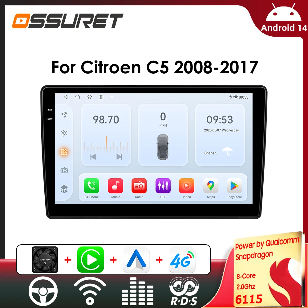 OSSURET Autoradio von Snapdragon 6115 für Citroen C5 2008–2017 Multimedia-Video-Player 2din Autoradio GPS DSP WIFI Carplay 8CORE