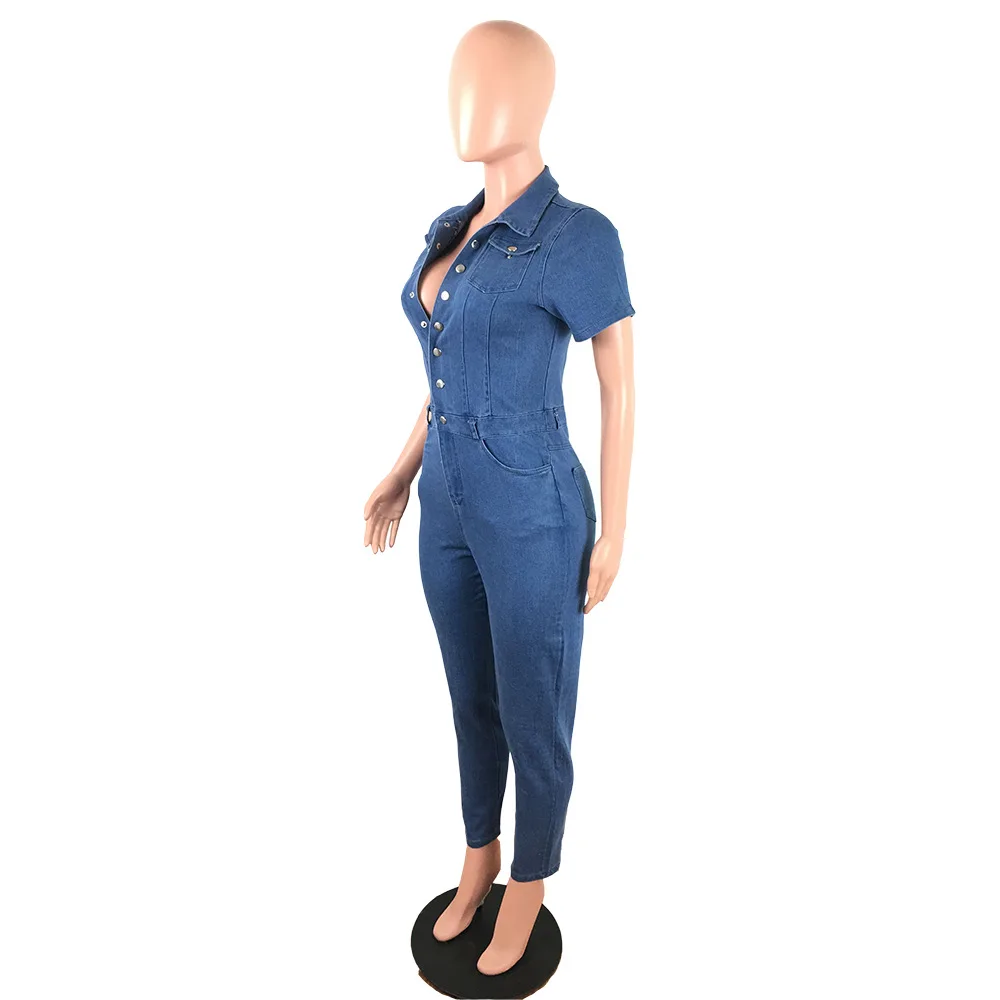 Ladies Fashion Casual Lapel Short Sleeve Skinny Light Blue Denim Jumpsuit Summer Tidal Current Jumpsuit
