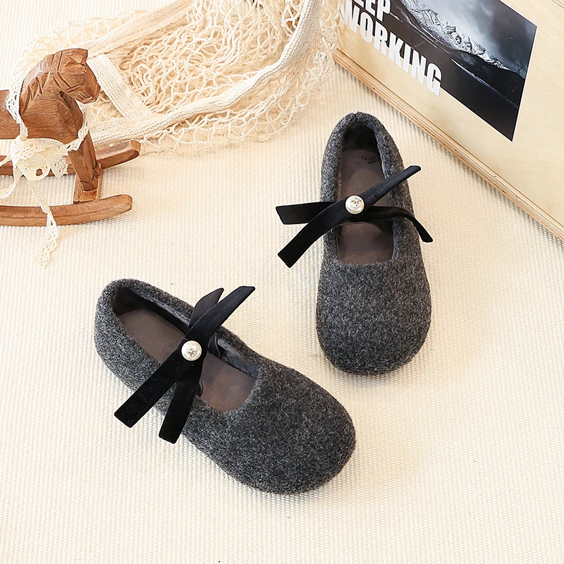 Girls Winter Fuzzy Ballet Flats with Bow Detail