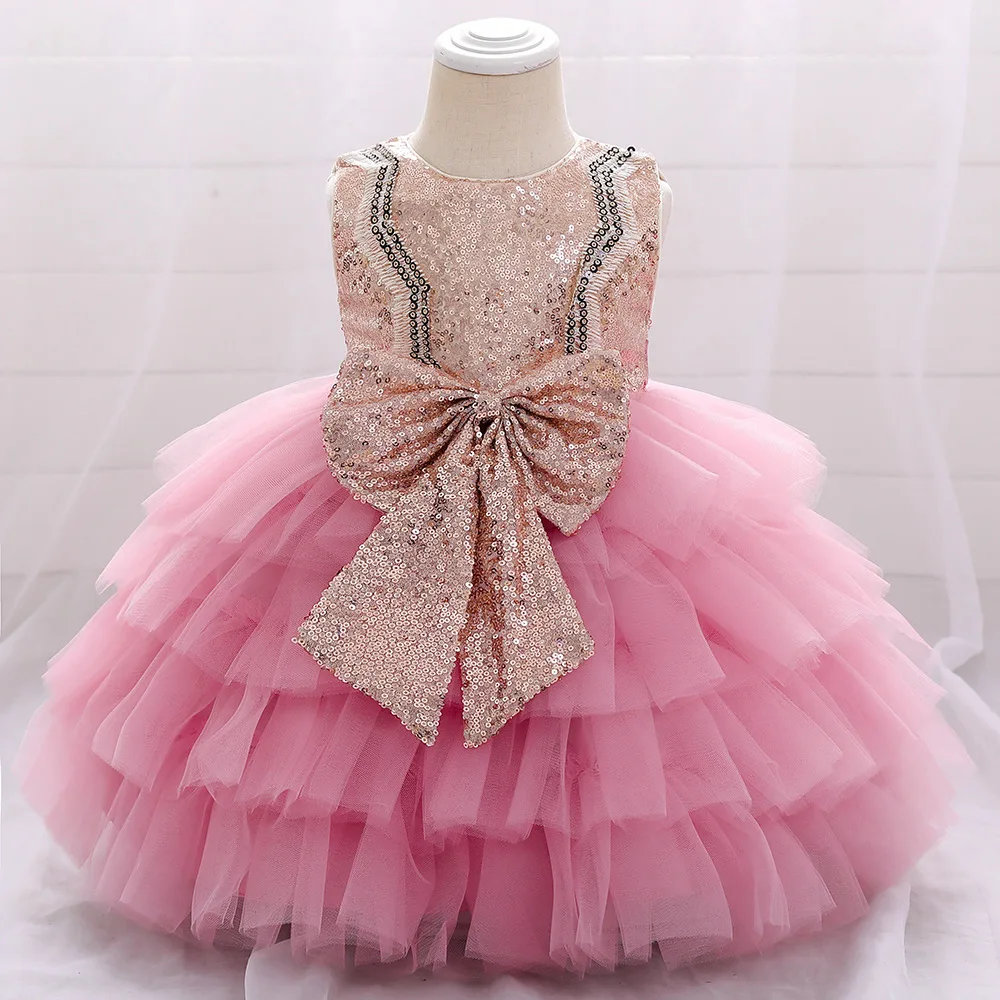 

Infant Bow 1st Birthday Girl Dress Costumes Toddler Sequin Tutu Princess Party Wedding Dress For Baby Pink First Communion Gown