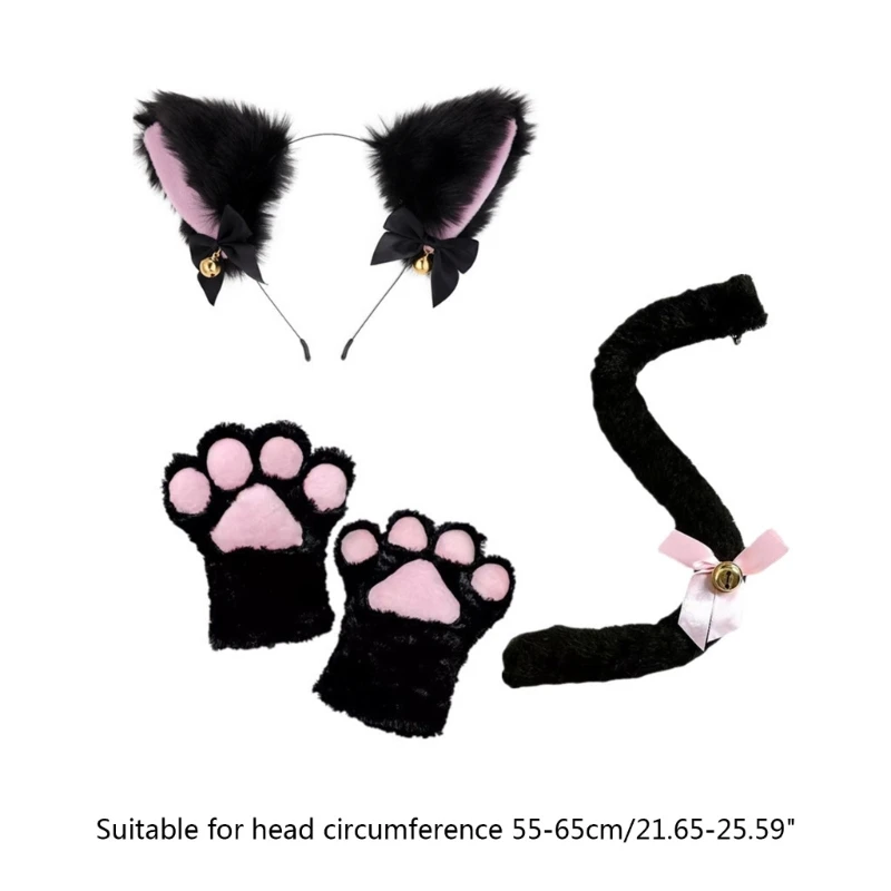 3/4Pcs Cat Costume for Kids-Cat Ears Headband Tail Tail Bell Choler Gloves Halloween Party Animal Cosplay Accessories images - 6