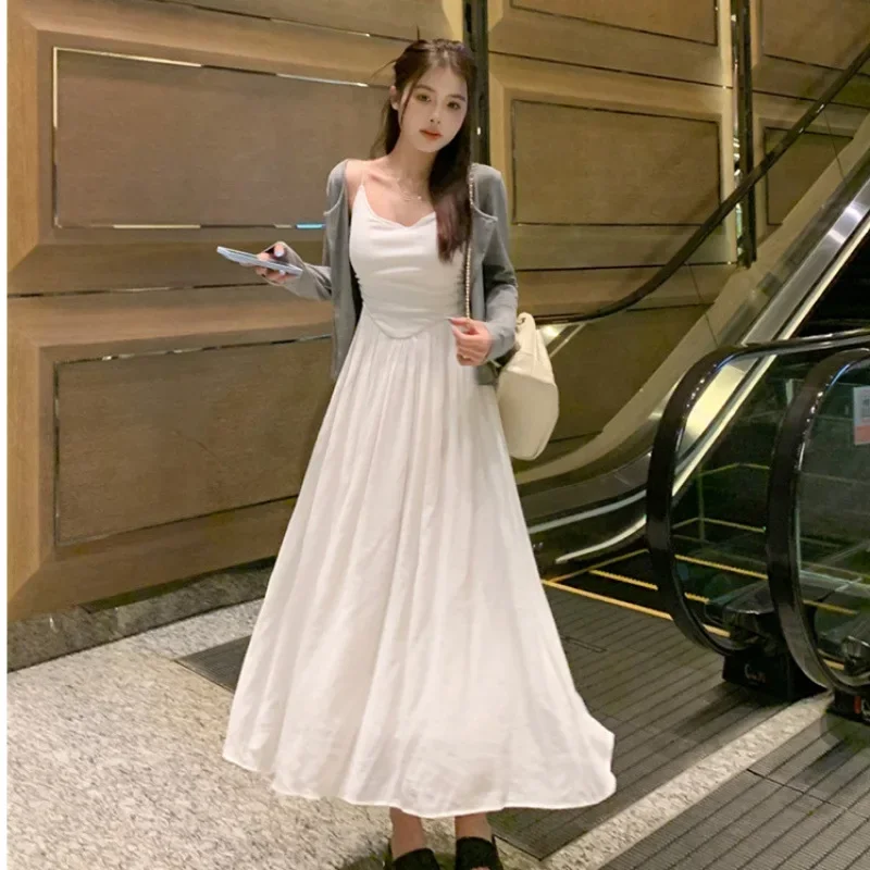 Maternity Dress Set Casual Knitted White Strap Dress plus Outerwear Comfortable Maternity Wear for Pregnant Women