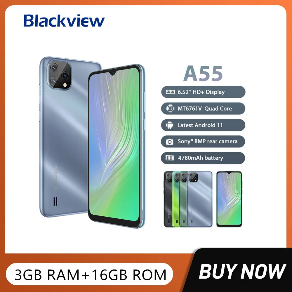 Blackview A55 Android 11 Smartphones 6.528Inch HD Display 4780mAh Battery 8MP Rear Camera 3GB+16GB Quad Core 4G Mobile Phone figi note 1c 4g smartphone android 11 6 6 hd display mobile phone quad core 3gb 32gb cellphones 13mp triple camera 4500mah