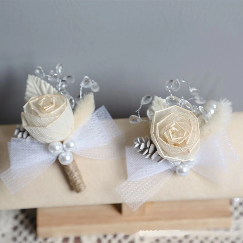 

BAIFUMINGYI Champagne Artifical Rose Flowers Boutonnieres Wrist Corsage Groomsmen Witness Wedding Accessories