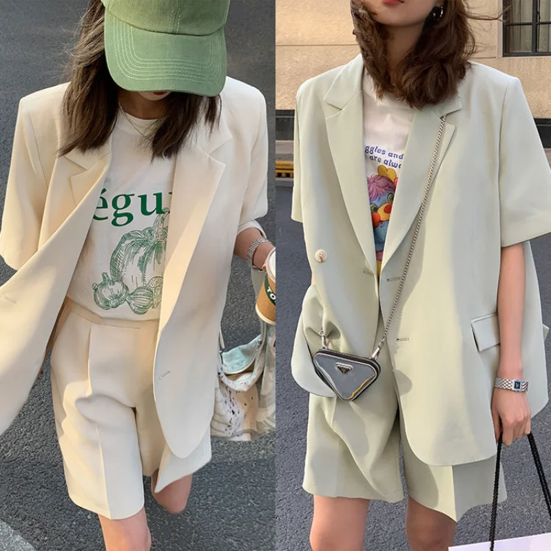 Clothing White 2023 Sleeve Summer Korean Style Blazer and Shorts Suit for Woman Kit Women's Short Pants Sets Complete Two Pieces