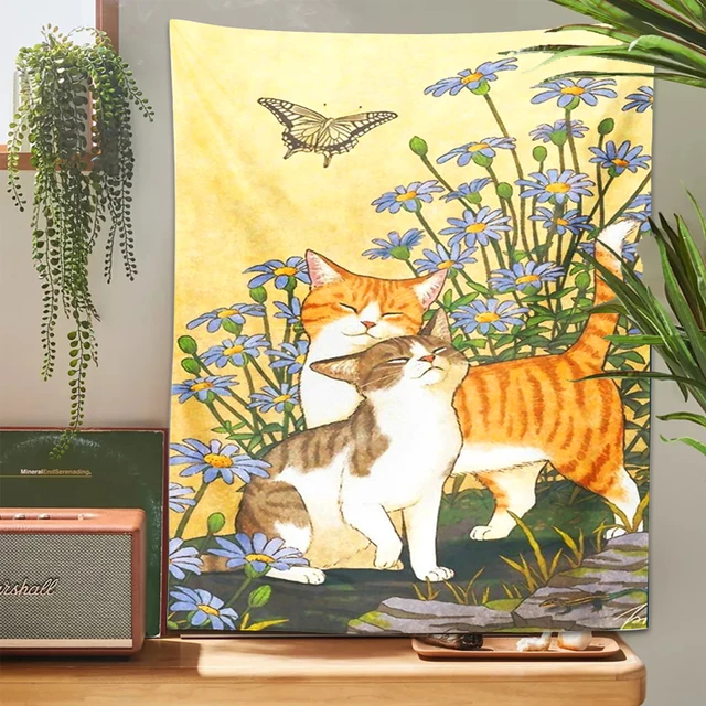 Aranyos Macska Gobelinfalfal Lógó Rajzfilm Pillangó Növény Virág Esztétikai Szoba Dekoráció Bohémia Természet Otthoni Hálószoba