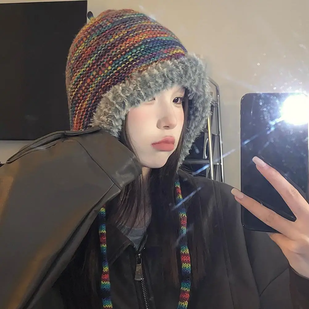 

Warm Comfortable Headwear Warm Stylish Rainbow Knitted Hats for Women Cozy Winter Accessories with Windproof Design for Weather