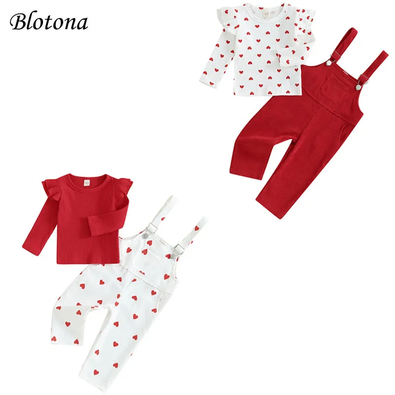 

Blotona Toddler Girls Valentine's Day Outfits Heart Print Crew Neck Long Sleeve Tops Suspender Pants Overalls 2Pcs Spring Set