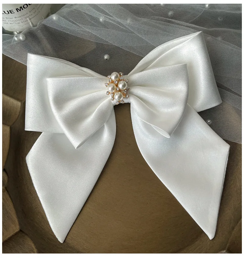 Bridal White Satin Bow Barrettes Wedding  Side Clip  Headdress Elegant  hair accessories for women