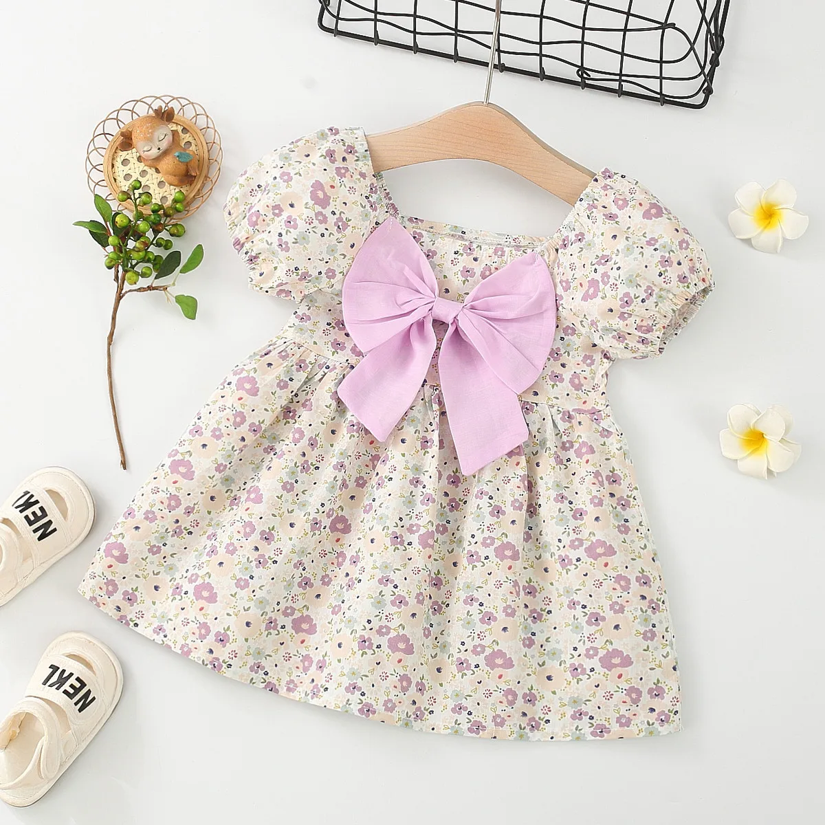 Summer Toddler Baby Dress Pink Flower Princess Dress Puff Sleeves Birthday Dress for Kids Girl