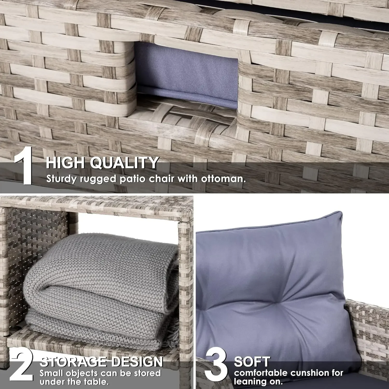 NEW-5 Pieces Wicker Patio Furniture Set Outdoor Patio Chairs with Ottomans Conversation Furniture (Purple Cushion + Grey Ratten)