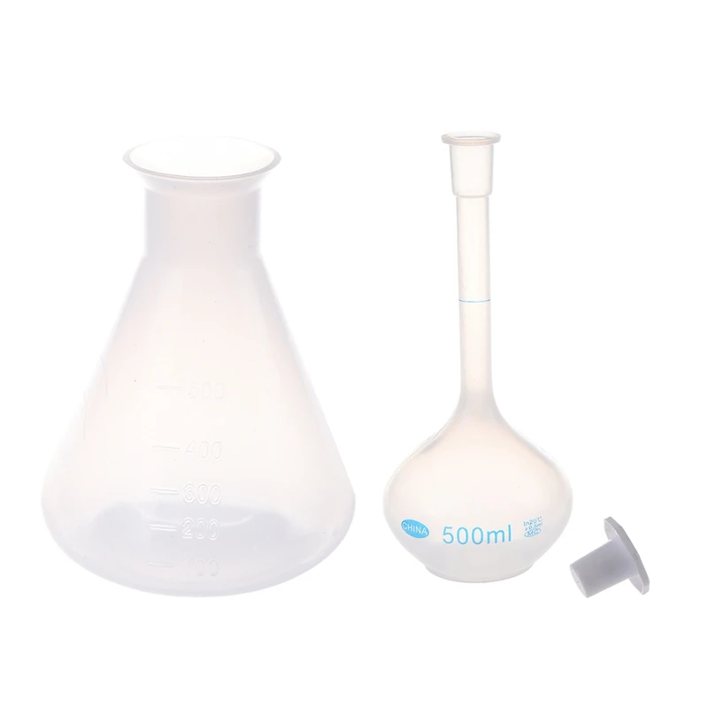 

500Ml Clear Plastic Chemical Conical Flask Storage Bottle & Long Neck Clear White Plastic Volumetric Measuring Flask