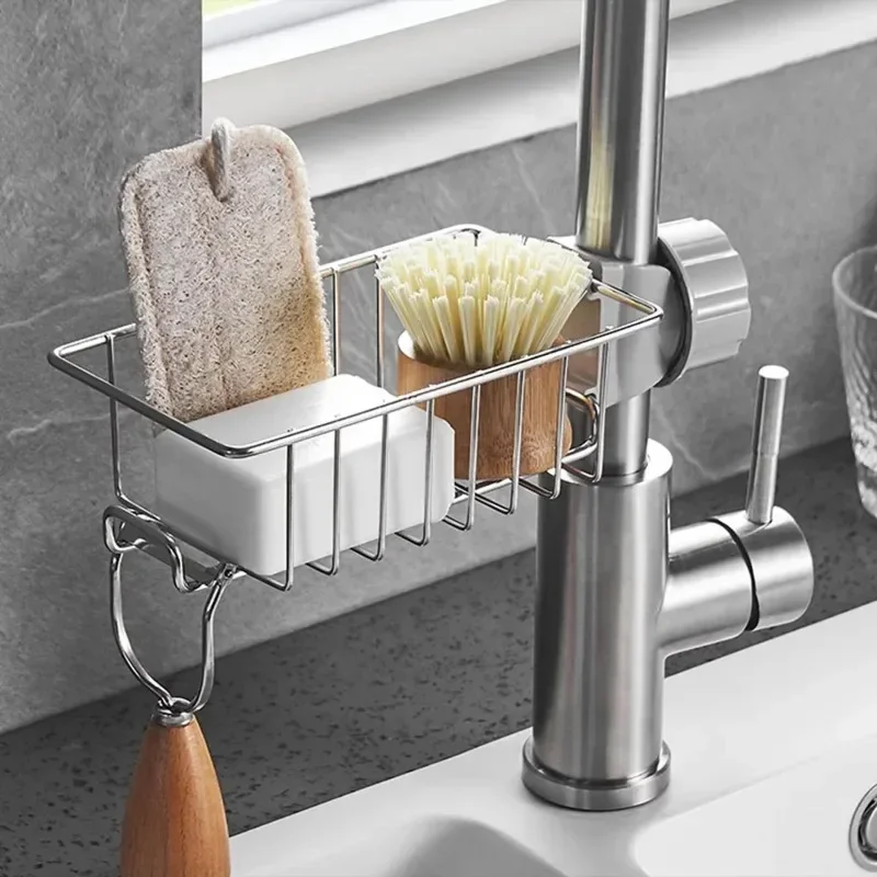 Hanging Faucet Rack Adjustable Height Flexible and Rotatable Kitchen Sink Drain Holder Suitable for Soap Sponges Brushes