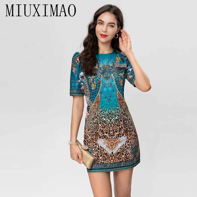 

MIUXIMAO 2023 High Quality Spring&Summer Elegant Dress Short Sleeve O-Neck Print Diamond Fashion Mini Dress Women Vestides