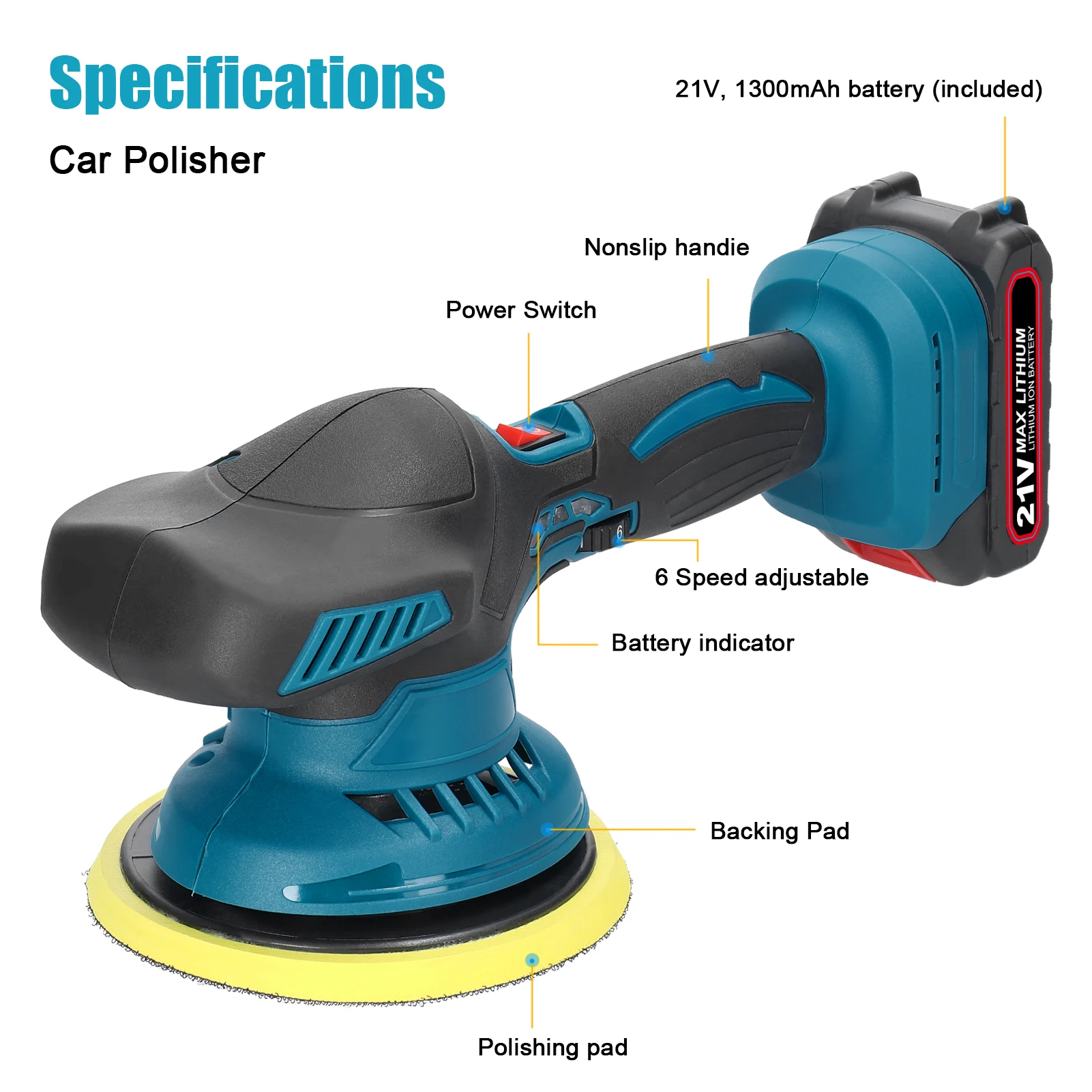 21V Cordless Car Polisher 6 Gears Electric Auto Polishing Machine Multifunction Metal Waxing Wood Sanding Rust Removal Tool 2