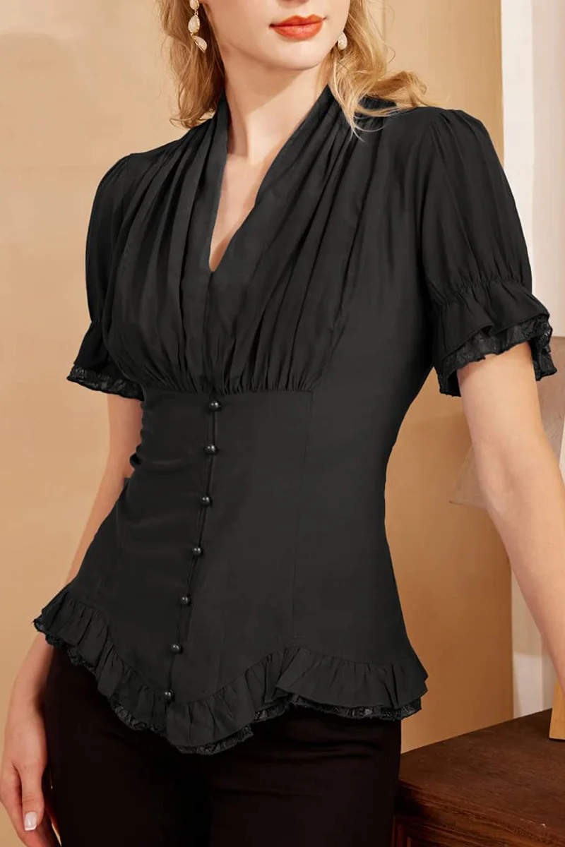 summer shirts black women slim pleat tops gothic renaissance short puff sleeve v neck lace up ruffle retro blouse lady female Summer Shirts Black Women Slim Pleat Tops Gothic Renaissance Short Puff Sleeve V-Neck Lace-up Ruffle Retro Blouse Lady Female