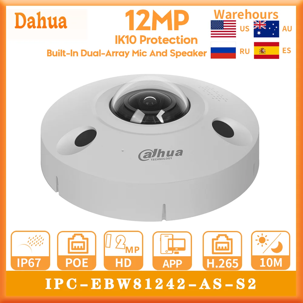Dahua VR WizMind 어안 카메라 IPC-EBW81242-AS-S2, POE 감시 내장 마이크 스피커, 히트 맵, 사람 계산, 12MP, IP67, IK10