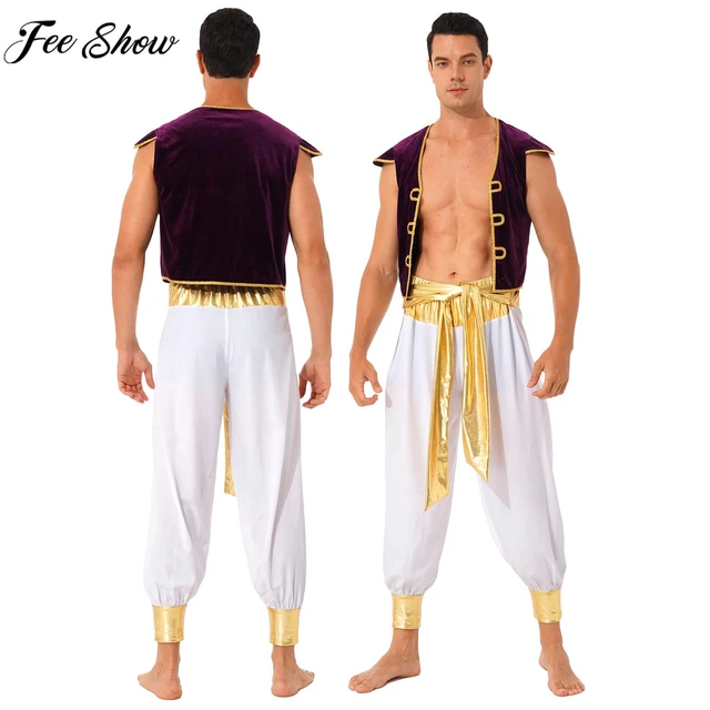 Disfraz mítico de Príncipe Aladin para hombre, traje de fiesta con  lentejuelas de Cosplay, chaleco con cinturón y pantalones - AliExpress