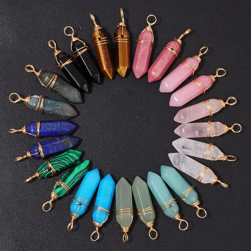 5pcs Wire Wrapped Hexagonal Pendant Natural Labradorite Quartzs Pointed Bullet Stone Pendulun Charms For Necklace Earrings DIY 1