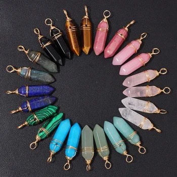5pcs Wire Wrapped Hexagonal Pendant Natural Labradorite Quartzs Pointed Bullet Stone Pendulun Charms For Necklace Earrings DIY 1