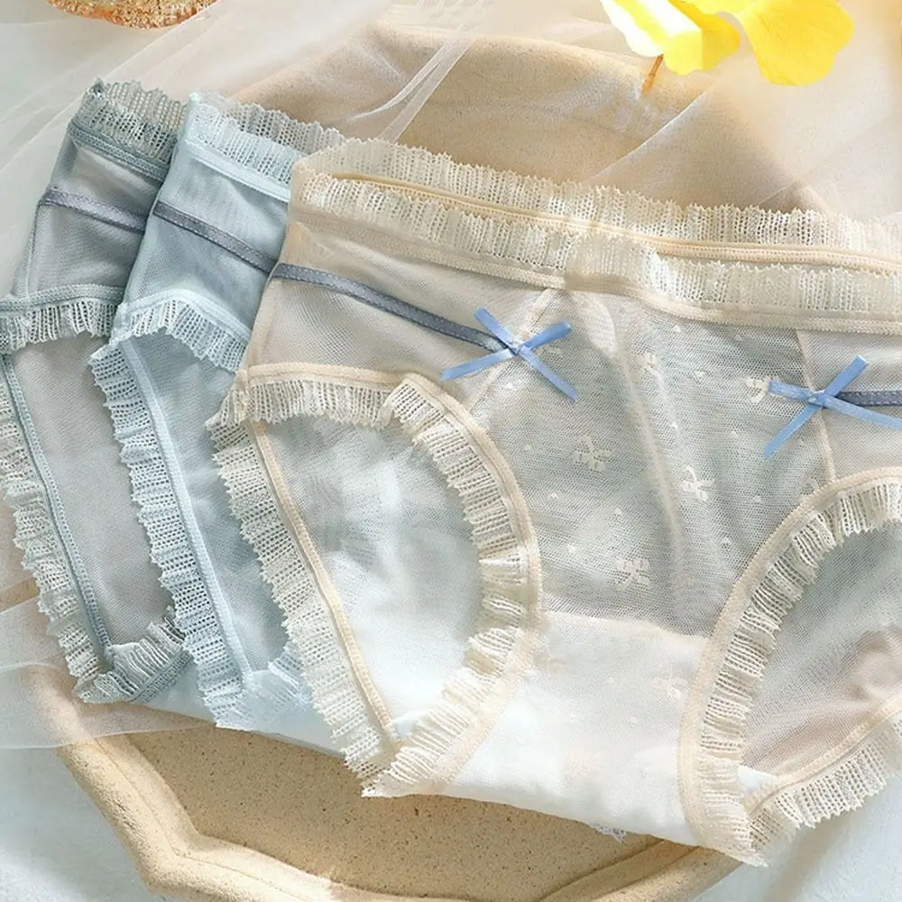 

Sweet Lace Mesh Underpants Women Girl Bow Panties Solid Color Briefs Middle Waist Hollow Breathable Underwear Female Lingeries