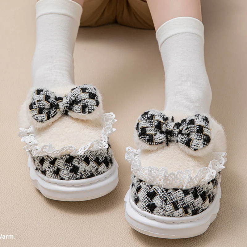 Baize Bowknot Fur Slippers for Women Sweet Fleece Thick Warm Cotton Slippers Woman Winter 2025 Soft Sole Living Room Shoes Mujer