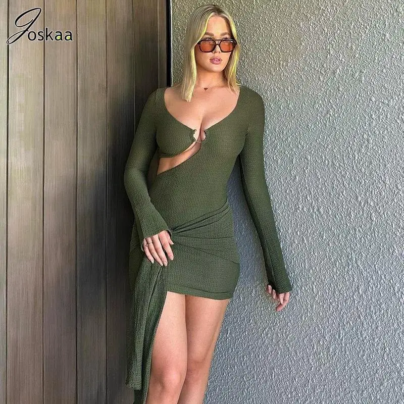 

Joskaa Knit V-Neck Long Sleeve Hollow Out Ruched Bandage Sexy Bodycon Mini Dress Women 2023 Fall Elegant Evening Party Dresses