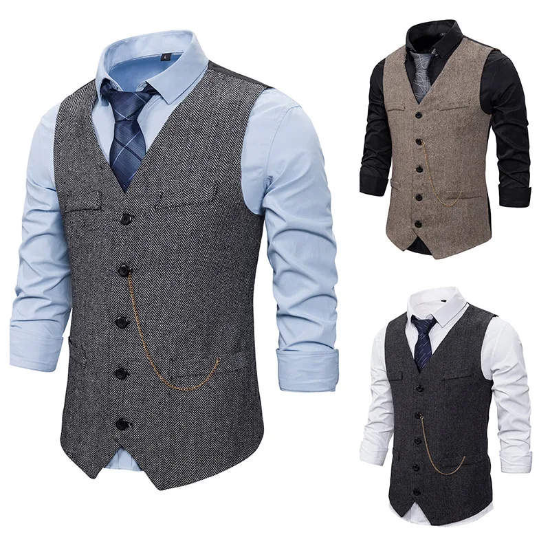 Men's Cheered Chain Single Button Vest Jaet Stand Fit Youthful Spring Faion Tailor's Vest European Sle Waistcoat