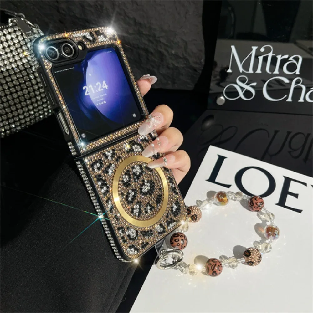 Leopard Print Leather Magnetic Phone Case with Bling Rhinestone Wrist Strap