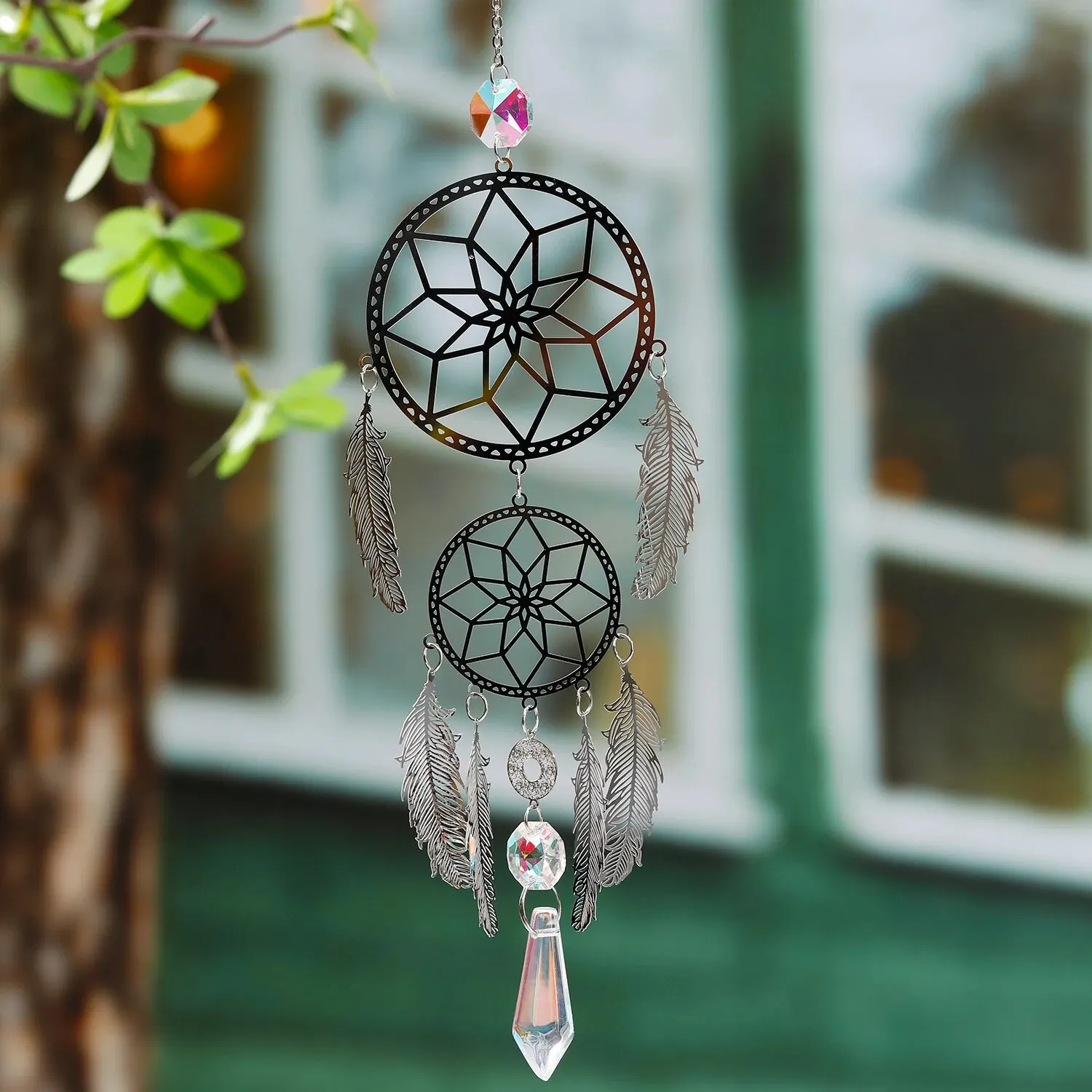1 Pc Silver Feather Dreamcatcher Outdoor Lighting Crystal Hanging Garden Sun Catcher Holiday Wedding Party Decoration Supplies sun catcher