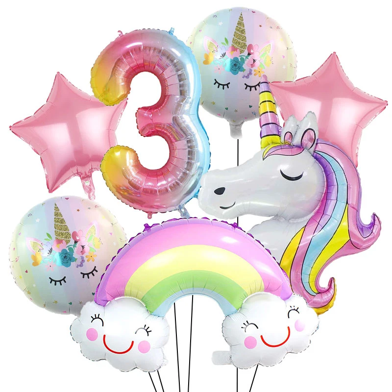 Regenbogen-Einhorn Mädchen Geburtstagsdekoration Zubehör Tischgeschirr Zahlenballon Tischdecke Hintergrund Party-Luftballons Kinder-Partydekoration – Detail 38
