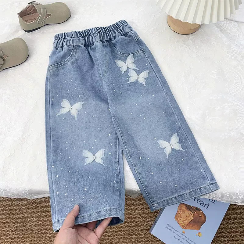 Mädchen-Jeans mit Schleifenmuster, neue BlingBling-Diamant-Jeans, Kinderkleidung, gerade, weit geschnittene Hosen, lockere Hosen, 2–8 Jahre – Detail 3