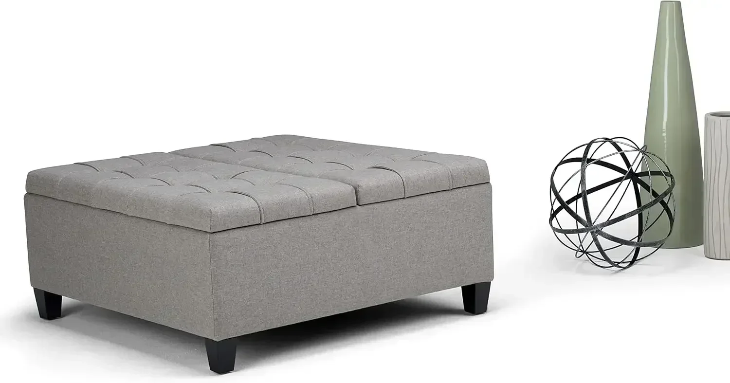NEW-Harrison 36 inch Wide Square Coffee Table Lift Top Storage Ottoman in Upholstered Dove Grey Tufted Linen Look Fabric