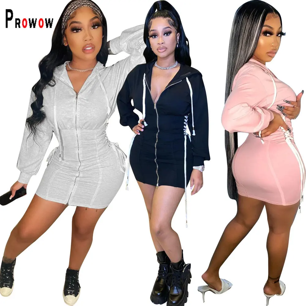 

Prowow Sporty Women Sweatshirt Dress Long Sleeve Zipper Skinny Bodycons Outfits Hooded Criss-Cross Bandage High Waisted Clothing