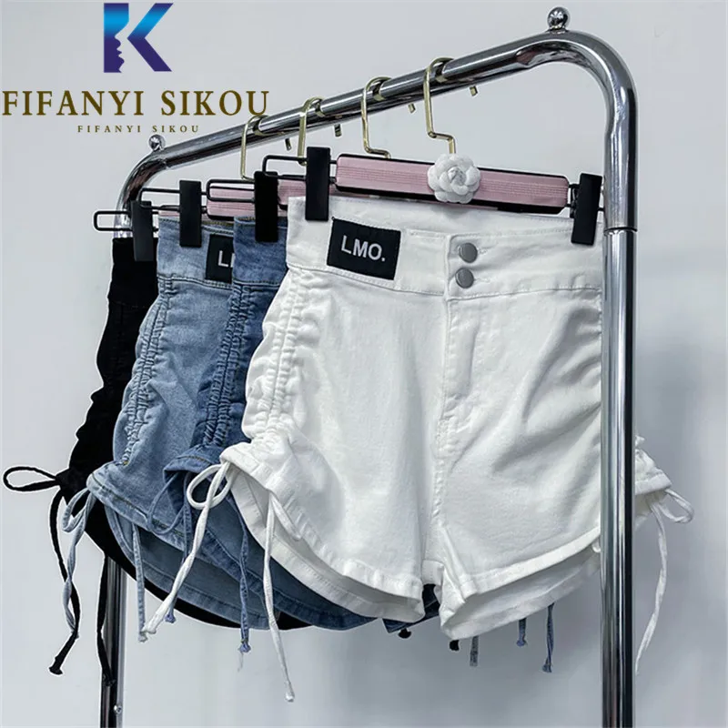 

Шорты женские джинсовые с завышенной талией, модные повседневные свободные с карманами, со складками и шнуровкой, летние с широкими штанинами, 2022