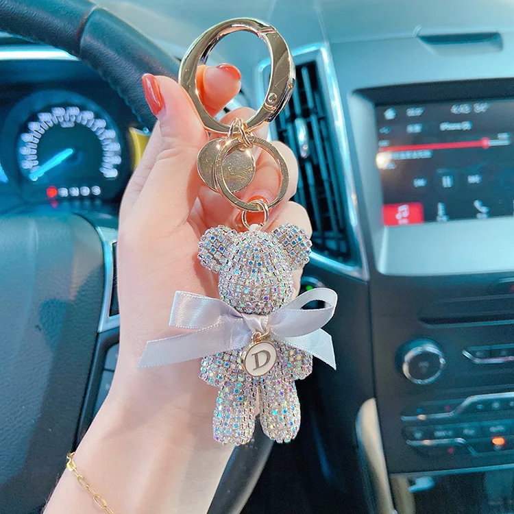 Handmade Rhinestones Bear Car Key Chain Creative Letter Big Button
