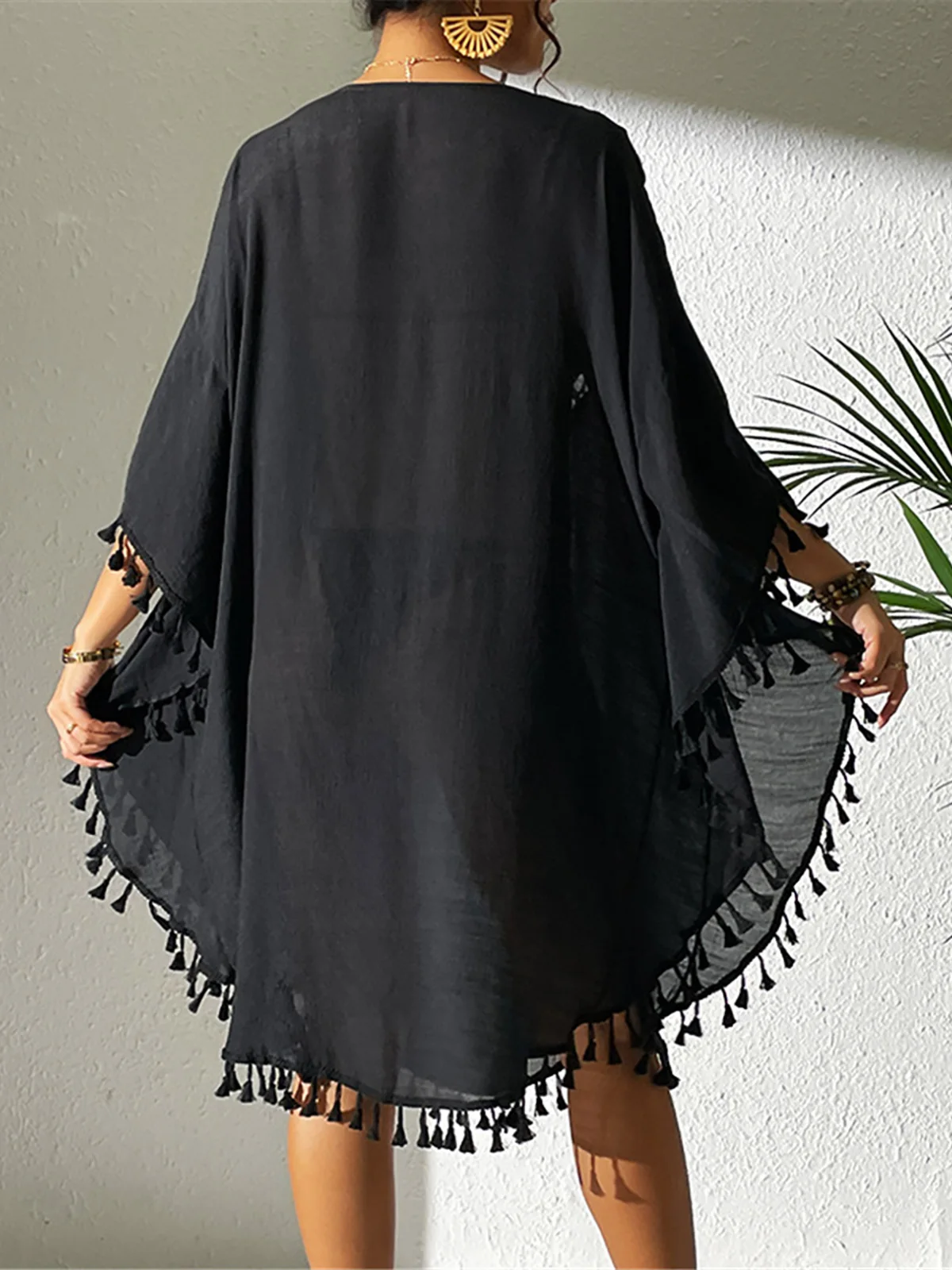 New Fringe Tassel Embroidery Half Sleeve Tunic Beach Cover Up Cover-ups Long Beach Dress Beach Wear Beachwear Female Women K5328 6