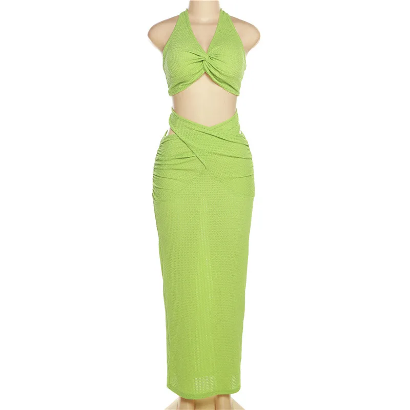 BKLD Summer Outfits For Women 2024 New Fashion Halter Neck Open Back Crop Top Slim Fit Wrap Hip Skirt Two Piece Set Green