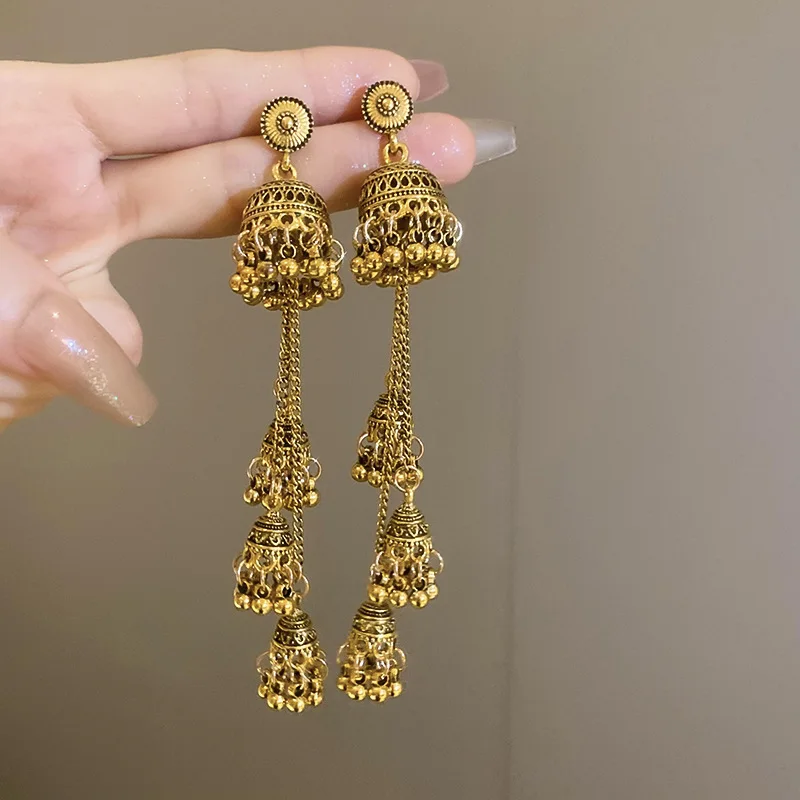 Retro Gold Color Birdcage Bell Drop Earrings for Women Mini Round Beads Long Tassel Earrings Dangle Retro Gypsy Ear Jewelry