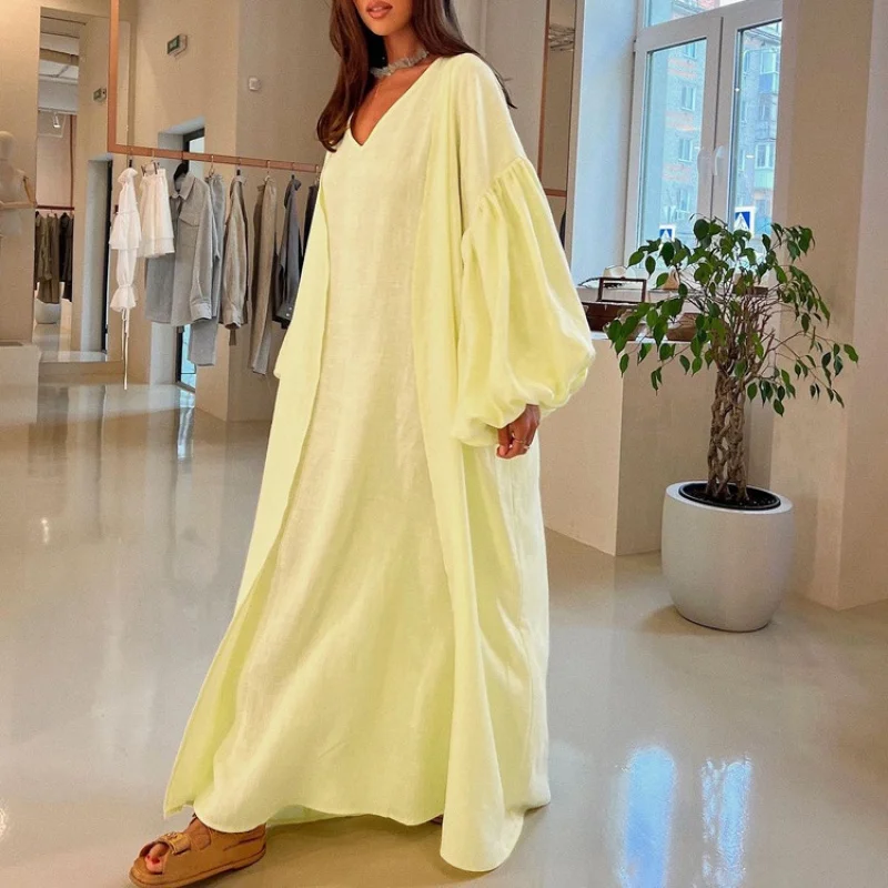 

Women's Clothing2024Spring and Autumn New Casual Vest Dress Puff Sleeve Solid Color Robe Suit Two-Piece SetWlj