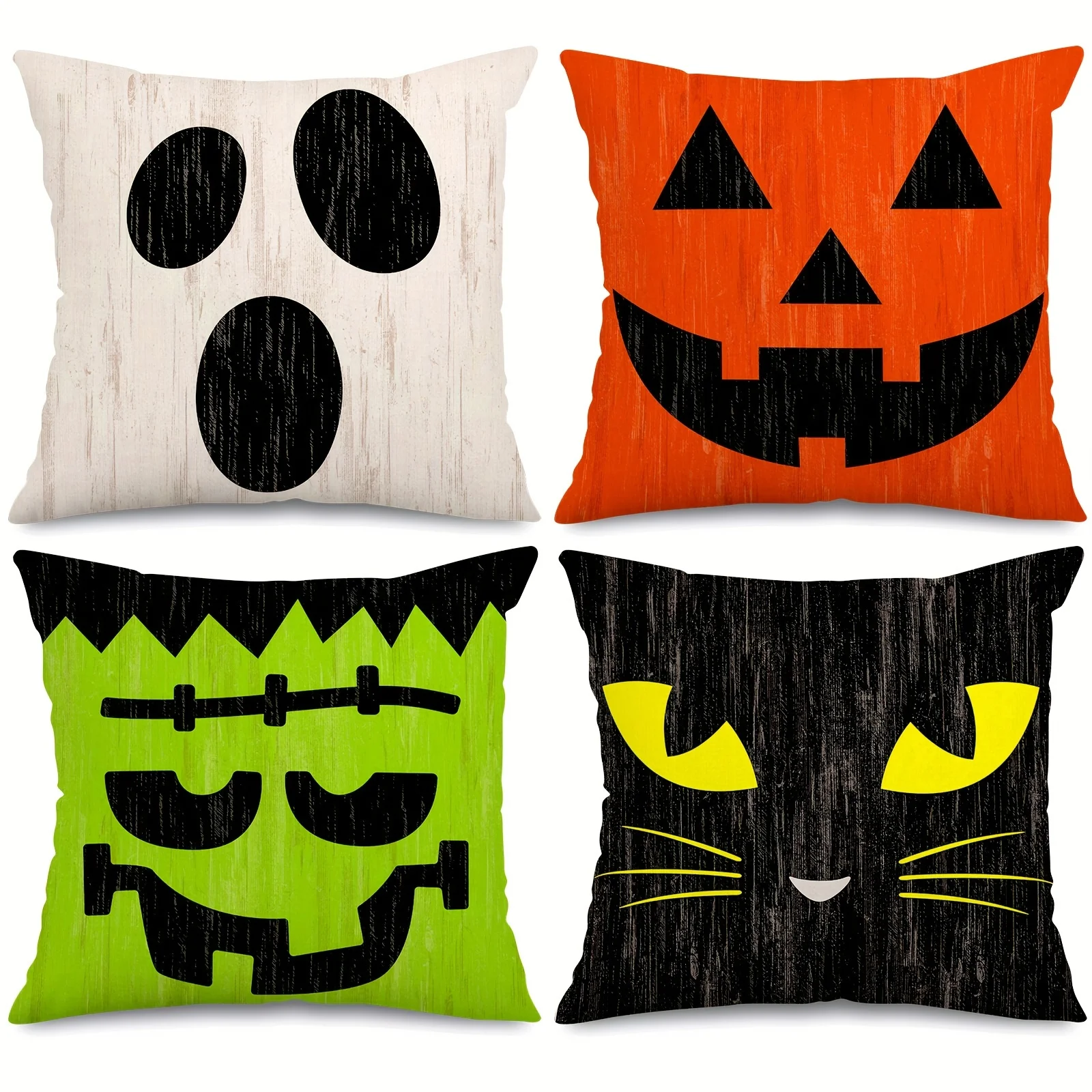 4PCS Halloween Pillow Covers,Retro Halloween Character Expressions Throw Pillow Cover,Colorful Halloween Line Cushion Cover