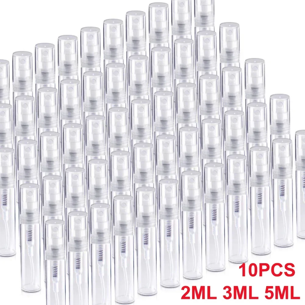 10 pezzi x 5ml/3ml/2ml Mini bottiglie di plastica trasparente Spray contenitore vuoto carino atomizzatore di profumo per viaggio liquido di profumo essenziale