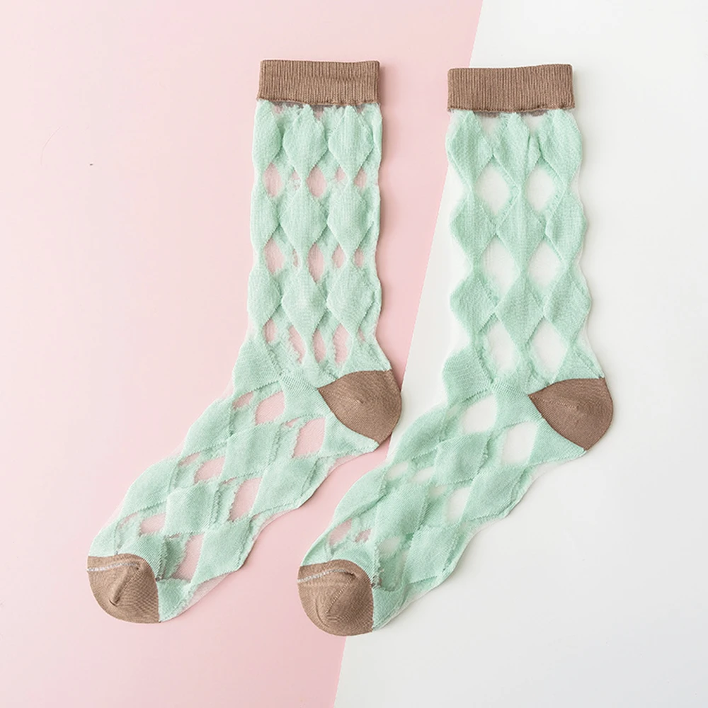 Transparent Crystal Women Cotton Socks 6Pairs Harajuku Fashion Rhombus Lattice Pattern Lace Breathable Girls Kawaii Cute Socks