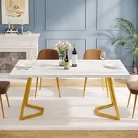 Gold Dining Dinner Table: 55 Inches Modern White Dining Room Table with Golden Legs, Faux Marble Small Kitchen Table 1