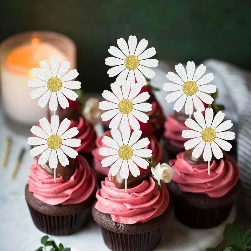 3D Daisy Flower Cake Topper 24pcs Multi-Layered White Pink Yellow Floral Decor for Wedding, Birthday Baby Shower Dessert Styling