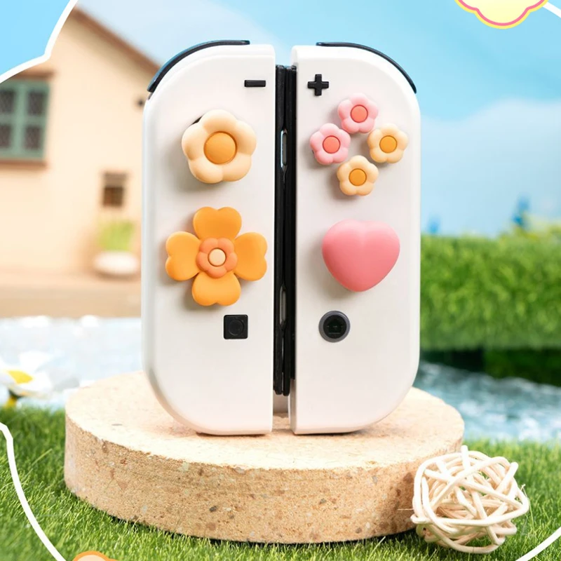 Flor Coração Silicone Soft D-pad Botão Cruz Abxy Key Sticker Capa de Pele para Interruptor Oled ns Joy-con Thumb Stick Grip Cap Cover - Image 2